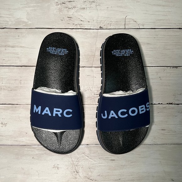 Marc Jacobs Shoes - NEW MARC JACOBS Navy 'The Slide' Logo Print Ridged Flat Sandals Slides Shoes Sz8